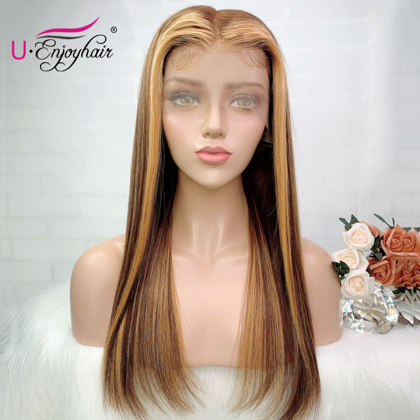 13x4 Lace Front Wigs Highlight Color Straight Brazilian Virgin Human Hair Wigs Pre Plucked Hairline With Baby Hair (CLFW023)