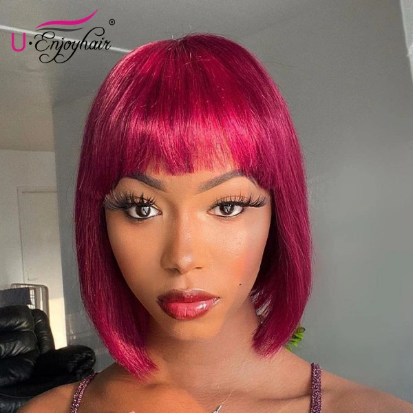 13x4 Lace Front Wigs Burgundy Color Straight Bob Style Brazilian Virgin Human Hair Wigs Pre Plucked Hairline With Bangs (CLFW032)
