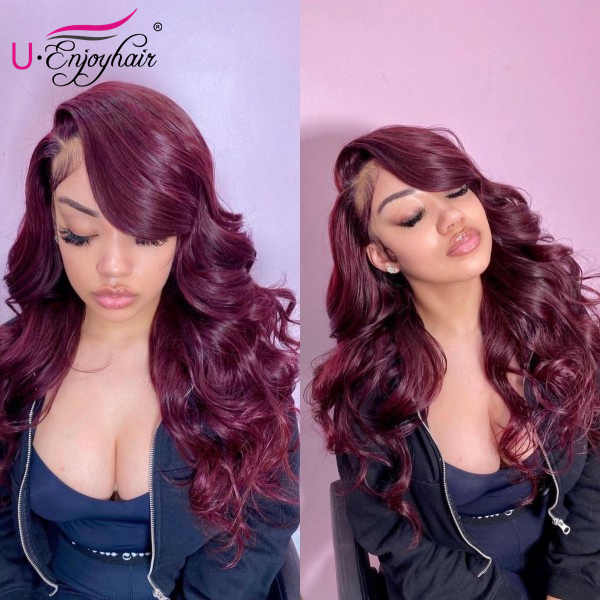 13x4 Lace Front Wigs Pure 99J Color Body Wave Brazilian Virgin Human Hair Wigs Pre Plucked Hairline With Baby Hair (CLFW030)