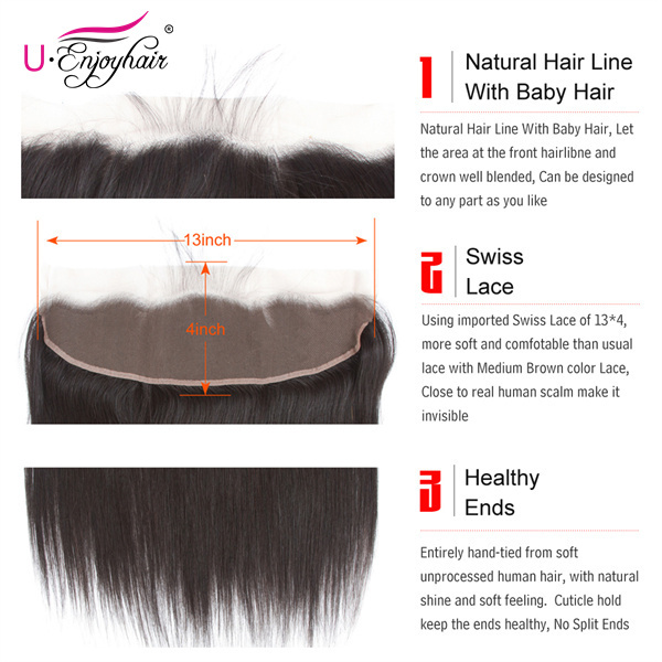 U Enjoy Hair Brazilian Virgin 100% Human Hair Straight Natural Color 13x4Inch Lace Frontal Closure With Baby Hair(LF001)
