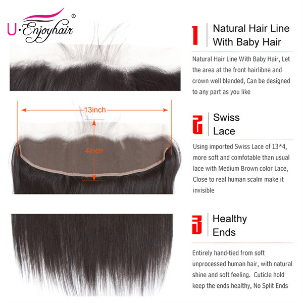 U Enjoy Hair Brazilian Virgin 100% Human Hair Natural Wave Natural Color 13x4Inch Lace Frontal Closure With Baby Hair(LF006)