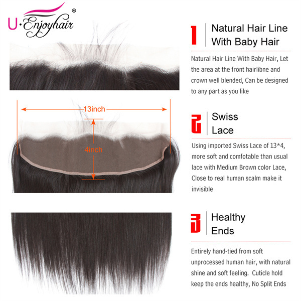 U Enjoy Hair Brazilian Virgin 100% Human Hair Water Wave Natural Color 13x4Inch Lace Frontal Closure With Baby Hair(LF005)