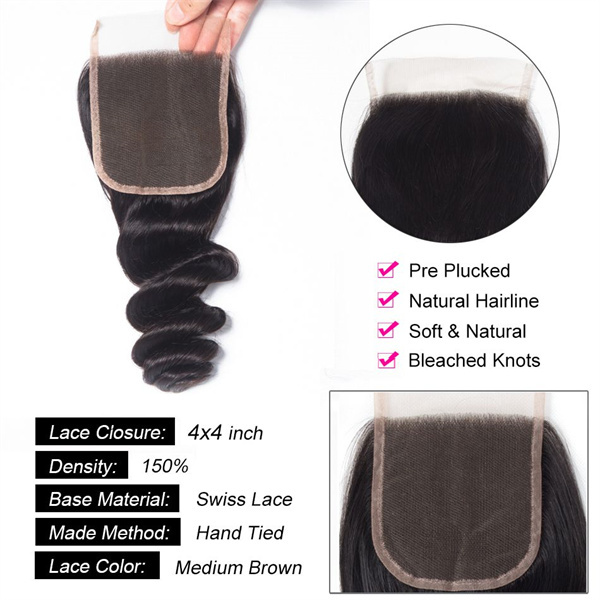 U Enjoy Hair Brazilian Virgin 100% Human Hair Loose Wave Natural Color 4x4Inch Lace Closure With Baby Hair(LC005)