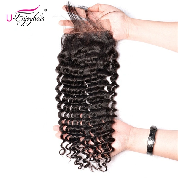 U Enjoy Hair Brazilian Virgin 100% Human Hair Deep Wave Natural Color 4x4Inch Lace Closure With Baby Hair(LC003)