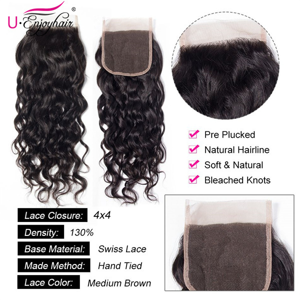 U Enjoy Hair Brazilian Virgin 100% Human Hair Water Wave Natural Color 4x4Inch Lace Closure With Baby Hair(LC006)