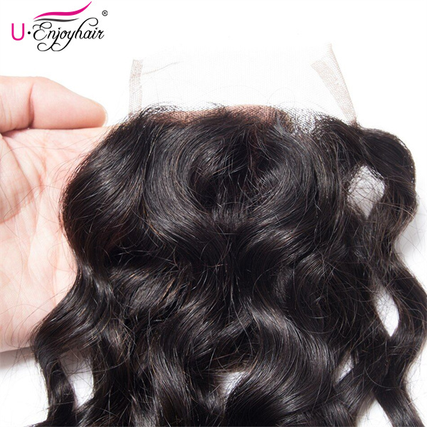 U Enjoy Hair Brazilian Virgin 100% Human Hair Water Wave Natural Color 4x4Inch Lace Closure With Baby Hair(LC006)