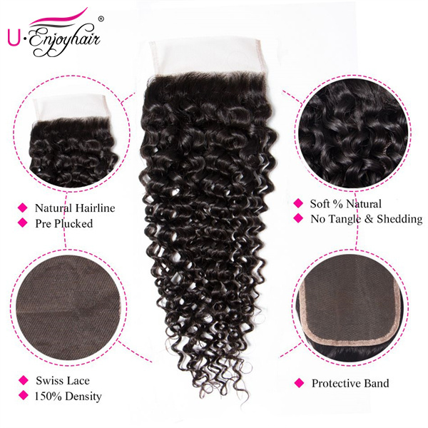 U Enjoy Hair Brazilian Virgin 100% Human Hair Curly Natural Color 4x4Inch Lace Closure With Baby Hair(LC004)
