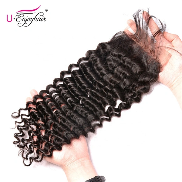 U Enjoy Hair Brazilian Virgin 100% Human Hair Deep Wave Natural Color 4x4Inch Lace Closure With Baby Hair(LC003)