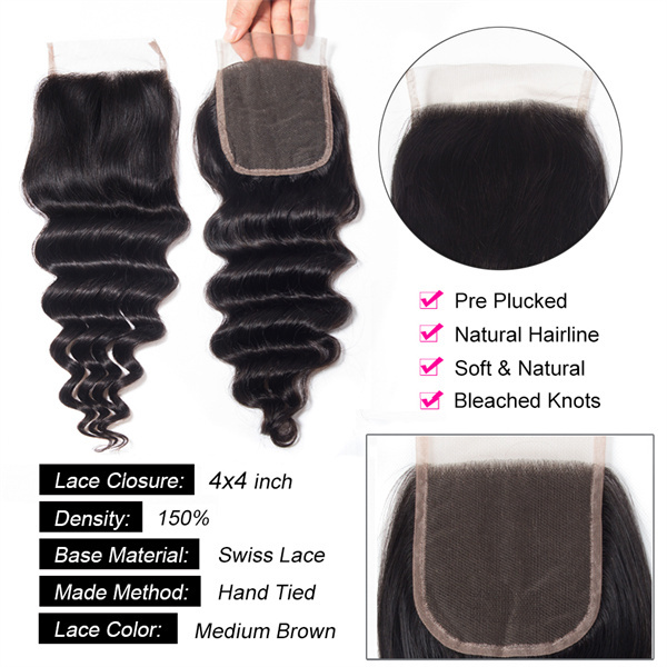 U Enjoy Hair Brazilian Virgin 100% Human Hair Loose Deep Wave Natural Color 4x4Inch Lace Closure With Baby Hair(LC007)