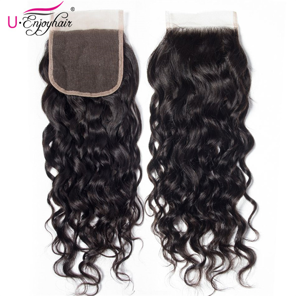 U Enjoy Hair Brazilian Virgin 100% Human Hair Water Wave Natural Color 4x4Inch Lace Closure With Baby Hair(LC006)