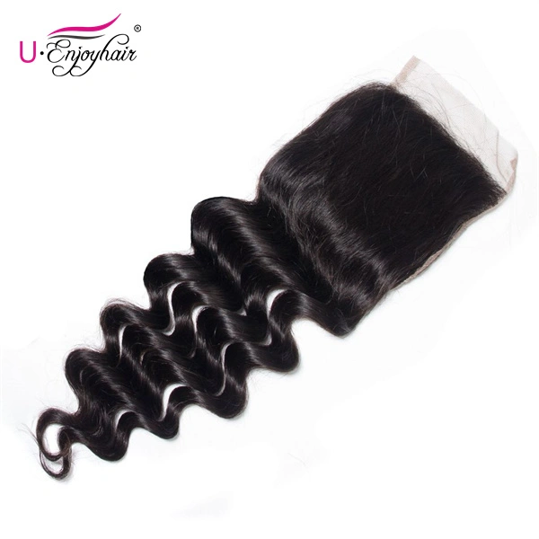 U Enjoy Hair Brazilian Virgin 100% Human Hair Loose Deep Wave Natural Color 4x4Inch Lace Closure With Baby Hair(LC007)