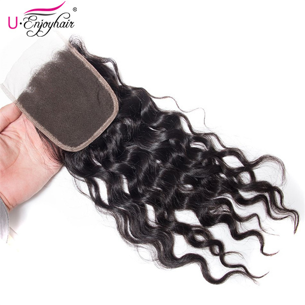 U Enjoy Hair Brazilian Virgin 100% Human Hair Water Wave Natural Color 4x4Inch Lace Closure With Baby Hair(LC006)