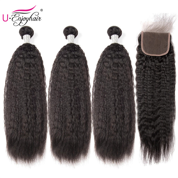 U Enjoy Hair Virgin 100% Human Hair Natural Color Kinky Straight 3 Hair Bundles With 4x4Inch Lace Closure(BLC008)