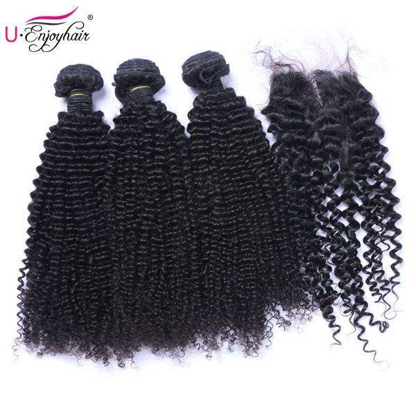 U Enjoy Hair Virgin 100% Human Hair Natural Color Kinky Curly 3 Hair Bundles With 4x4Inch Lace Closure(BLC007)