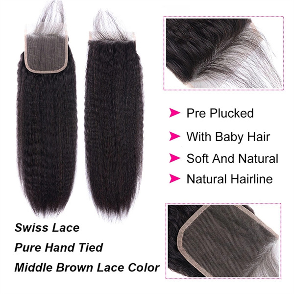 U Enjoy Hair Virgin 100% Human Hair Natural Color Kinky Straight 3 Hair Bundles With 4x4Inch Lace Closure(BLC008)