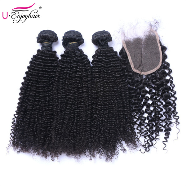 U Enjoy Hair Virgin 100% Human Hair Natural Color Kinky Curly 3 Hair Bundles With 4x4Inch Lace Closure(BLC007)