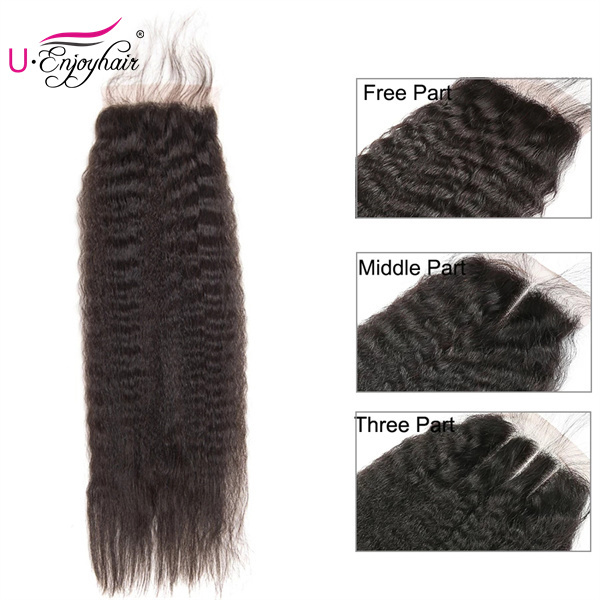 U Enjoy Hair Virgin 100% Human Hair Natural Color Kinky Straight 3 Hair Bundles With 4x4Inch Lace Closure(BLC008)