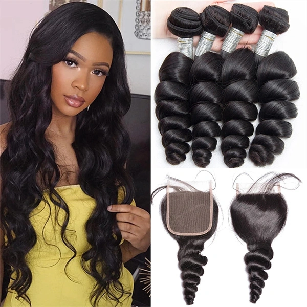 U Enjoy Hair Virgin 100% Human Hair Natural Color Loose Wave 3 Hair Bundles With 4x4Inch Lace Closure(BLC004)