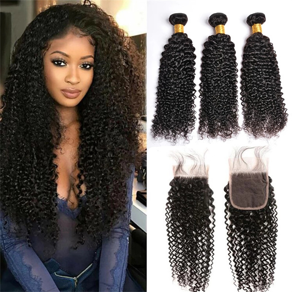 U Enjoy Hair Virgin 100% Human Hair Natural Color Kinky Curly 3 Hair Bundles With 4x4Inch Lace Closure(BLC007)