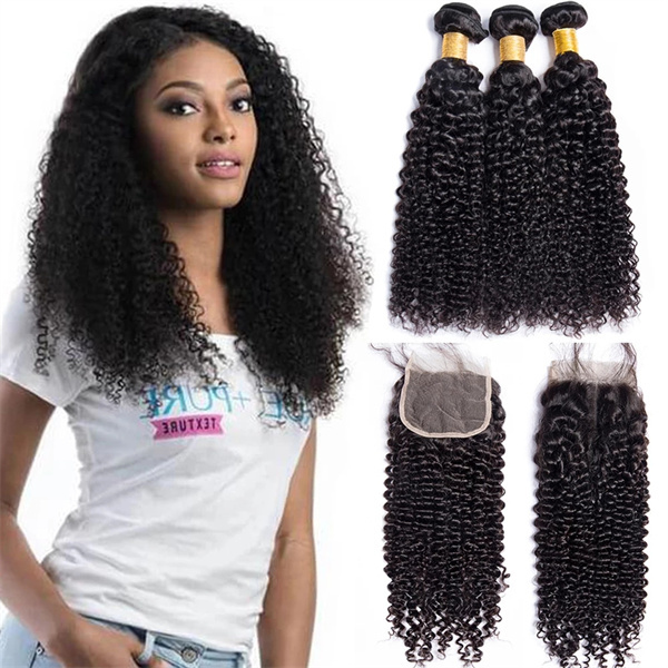 U Enjoy Hair Virgin 100% Human Hair Natural Color Curly 3 Hair Bundles With 4x4Inch Lace Closure(BLC006)