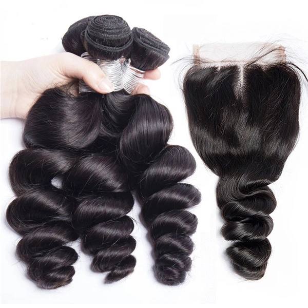 U Enjoy Hair Virgin 100% Human Hair Natural Color Loose Wave 3 Hair Bundles With 4x4Inch Lace Closure(BLC004)