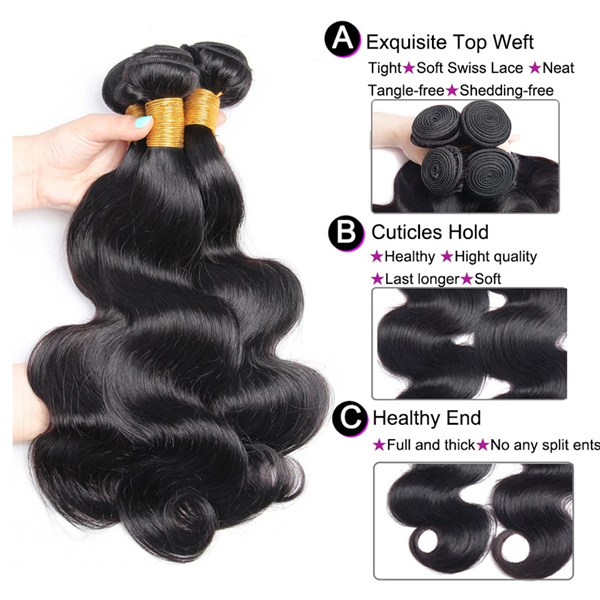 U Enjoy Hair Virgin 100% Human Hair Natural Color Body Wave 3 Hair Bundles With 4x4Inch Lace Closure(BLC002)