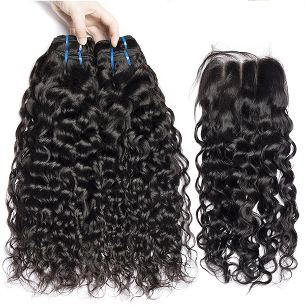 U Enjoy Hair Virgin 100% Human Hair Natural Color Water Wave 3 Hair Bundles With 4x4Inch Lace Closure(BLC005)