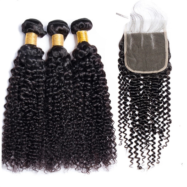 U Enjoy Hair Virgin 100% Human Hair Natural Color Kinky Curly 3 Hair Bundles With 4x4Inch Lace Closure(BLC007)