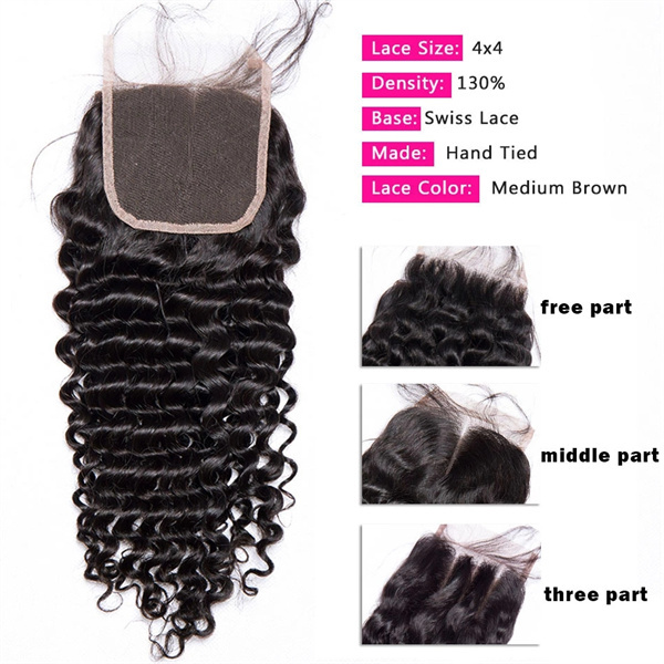 U Enjoy Hair Virgin 100% Human Hair Natural Color Deep Wave 3 Hair Bundles With 4x4Inch Lace Closure(BLC003)