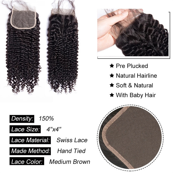 U Enjoy Hair Virgin 100% Human Hair Natural Color Curly 3 Hair Bundles With 4x4Inch Lace Closure(BLC006)