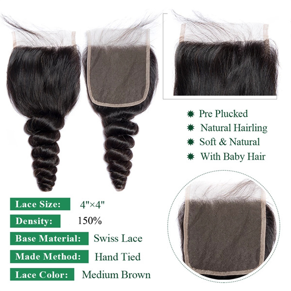 U Enjoy Hair Virgin 100% Human Hair Natural Color Loose Wave 3 Hair Bundles With 4x4Inch Lace Closure(BLC004)