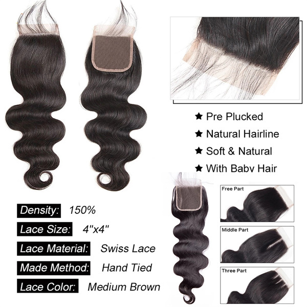 U Enjoy Hair Virgin 100% Human Hair Natural Color Body Wave 3 Hair Bundles With 4x4Inch Lace Closure(BLC002)