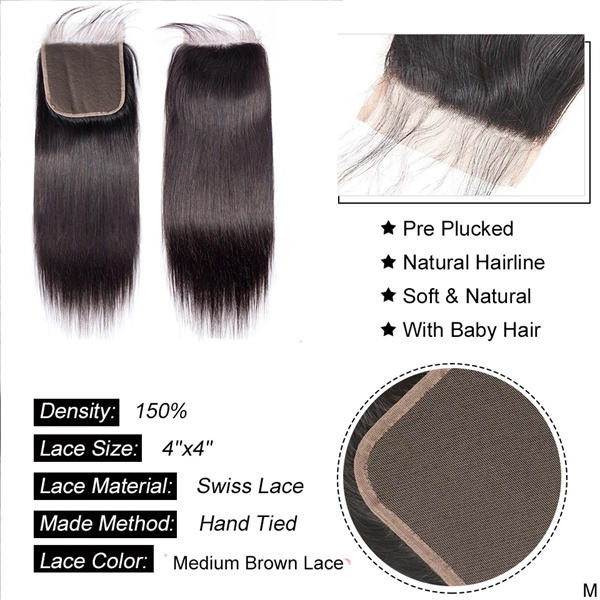 U Enjoy Hair Virgin 100% Human Hair Natural Color Straight 3 Hair Bundles With 4x4Inch Lace Closure(BLC001)