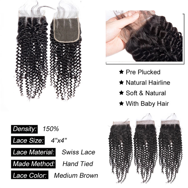 U Enjoy Hair Virgin 100% Human Hair Natural Color Kinky Curly 3 Hair Bundles With 4x4Inch Lace Closure(BLC007)