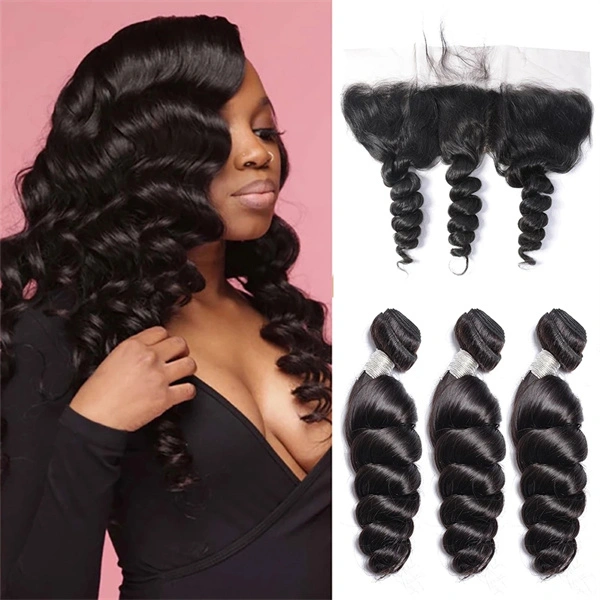U Enjoy Hair Virgin 100% Human Hair Natural Color Loose Wave 3 Hair Bundles With 13x4Inch Lace Frontal (BLF004)