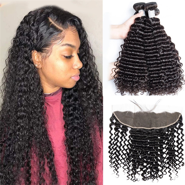 U Enjoy Hair Virgin 100% Human Hair Natural Color Deep Wave 3 Hair Bundles With 13x4Inch Lace Frontal (BLF003)