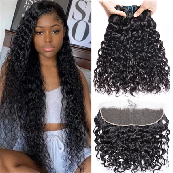 U Enjoy Hair Virgin 100% Human Hair Natural Color Water Wave 3 Hair Bundles With 13x4Inch Lace Frontal (BLF005)