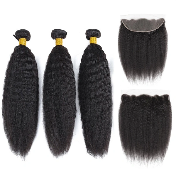 U Enjoy Hair Virgin 100% Human Hair Natural Color Kinky Straight 3 Hair Bundles With 13x4Inch Lace Frontal (BLF007)