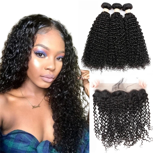 U Enjoy Hair Virgin 100% Human Hair Natural Color Kinky Curly 3 Hair Bundles With 13x4Inch Lace Frontal (BLF006)