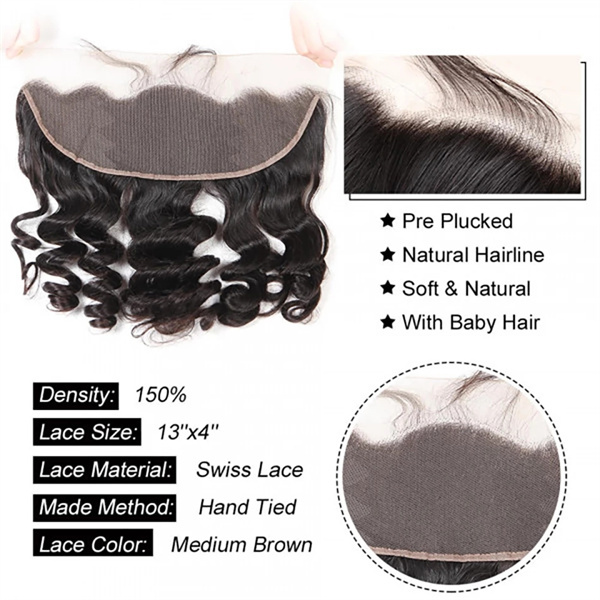U Enjoy Hair Virgin 100% Human Hair Natural Color Loose Wave 3 Hair Bundles With 13x4Inch Lace Frontal (BLF004)