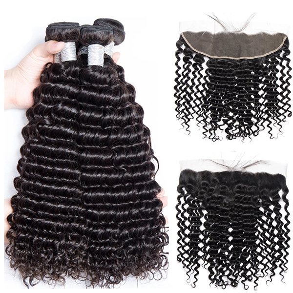 U Enjoy Hair Virgin 100% Human Hair Natural Color Deep Wave 3 Hair Bundles With 13x4Inch Lace Frontal (BLF003)