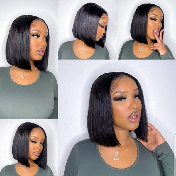 U Enjoy Hair 100% Unprocessed Virgin Remy Human Hair Natural Color Straight Bob Style 13x4 Lace Front Wigs Pre Plucked Hairline With Baby Hair(UE2)