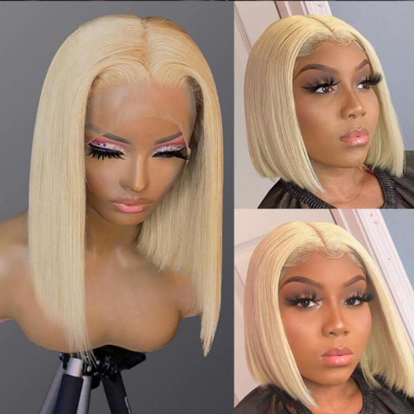 U Enjoy Hair 100% Unprocessed Virgin Remy Human Hair 613 Blonde Color Straight Bob Style 13x4 Lace Front Wigs Pre Plucked Hairline With Baby Hair(UE3)