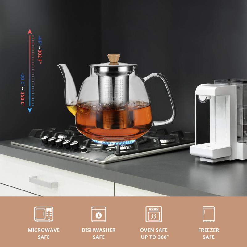 ဖြုတ်နိုင်သော Stainless Steel Infuser 37.5oz ပါသော Glass Teapot