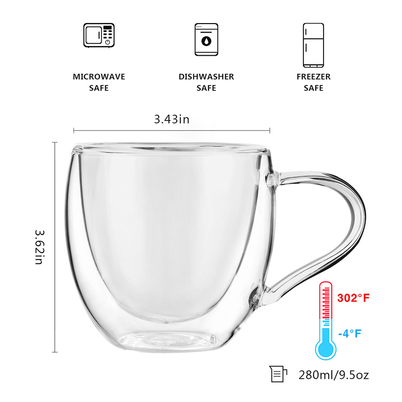 Tazas de café de vidrio de doble pared, 9.5 oz, juego de 2