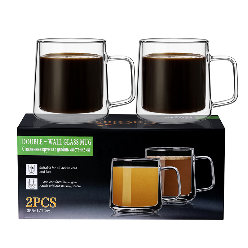 Tazze da caffè in vetro a doppia parete 12oz, set di 2