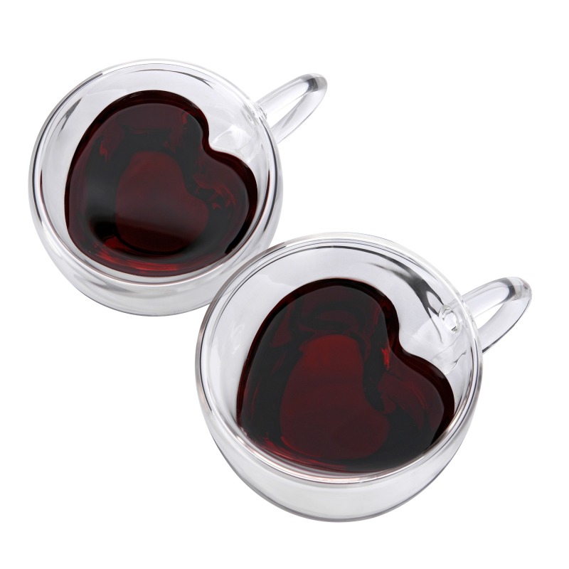 CnGlass 8.5oz. Double Wall Borosilicate Glass Espresso Cup Heart Shaped Glass Coffee Mug With Handle