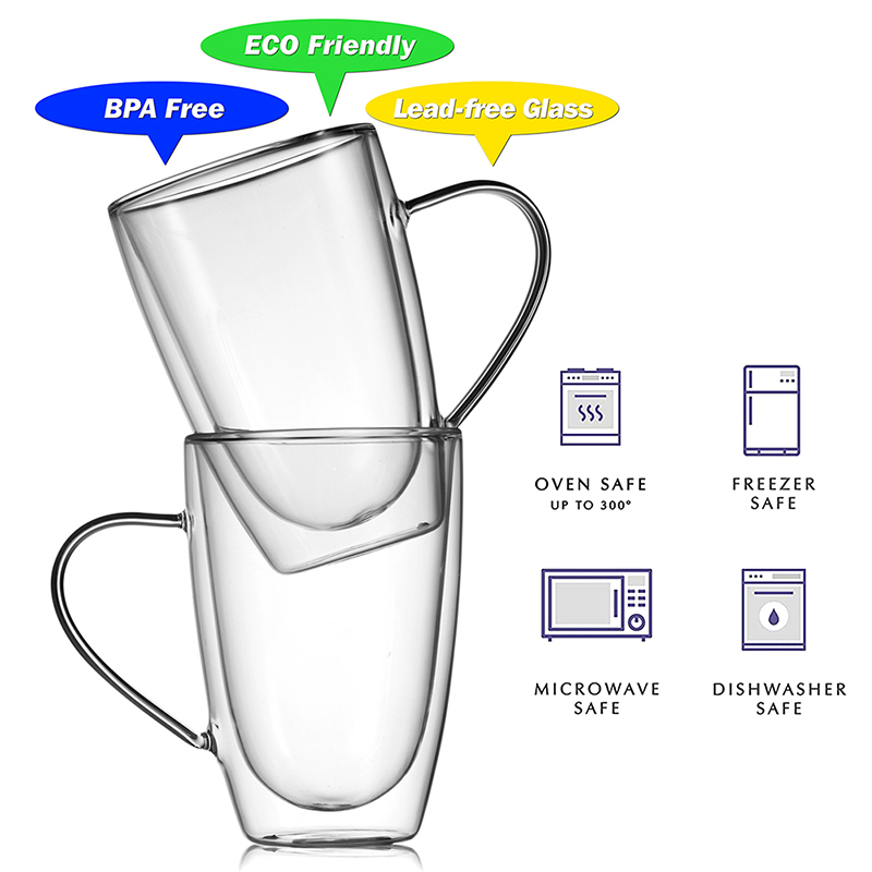 High Quality Double Wall Borosilicate Thermal Insulated Glass Drinking Cup 10.8oz. For Milk