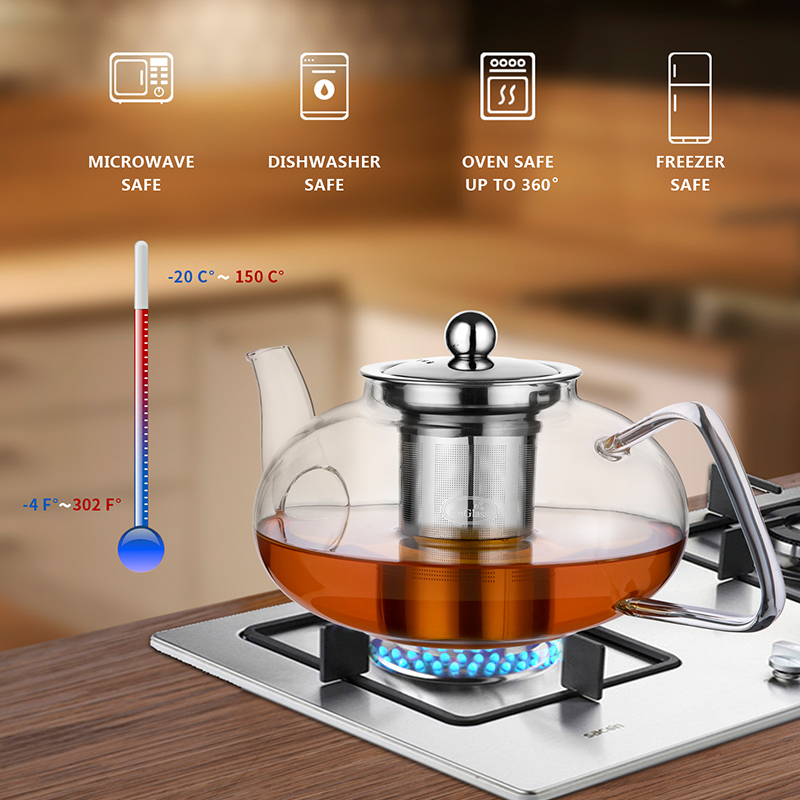 กาน้ำชาแก้วพร้อมที่กรองสแตนเลสแบบถอดได้ 40.6oz