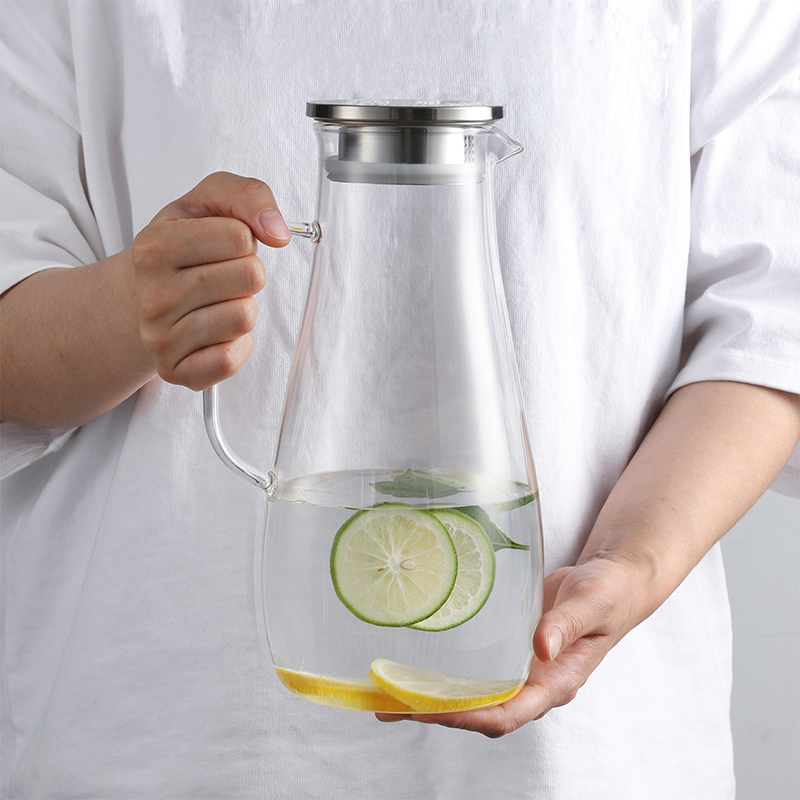 Glass Water Pitcher with Tight Stainless Steel Lid 68oz